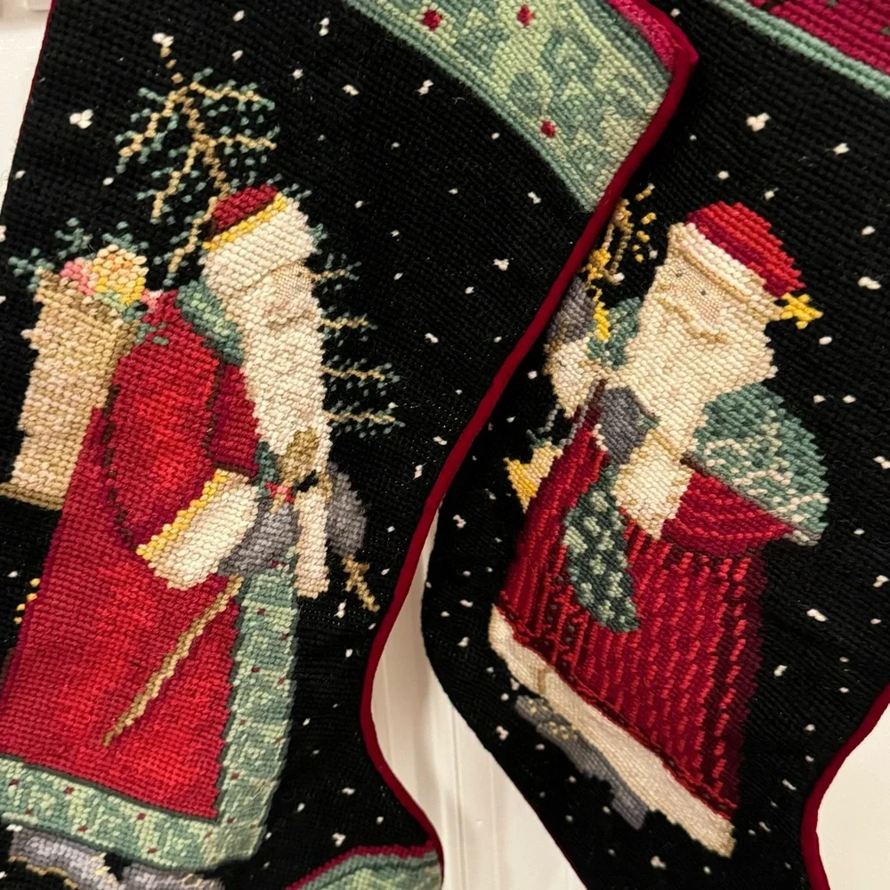 2 Vintage Wool Christmas Stockings Santa   Needlepoint  19